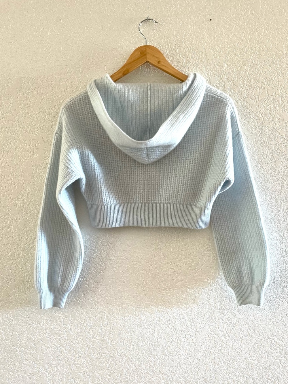 Magaschoni Cashmere Waffle Knit Cropped Zip Hoodie Sweater Powder Blue S Fall - Picture 4 of 10